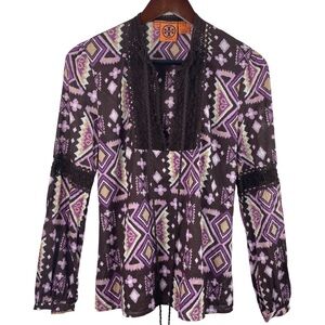 Tory Burch | Purple Print Brown Crochet Tassel Tie Front Top